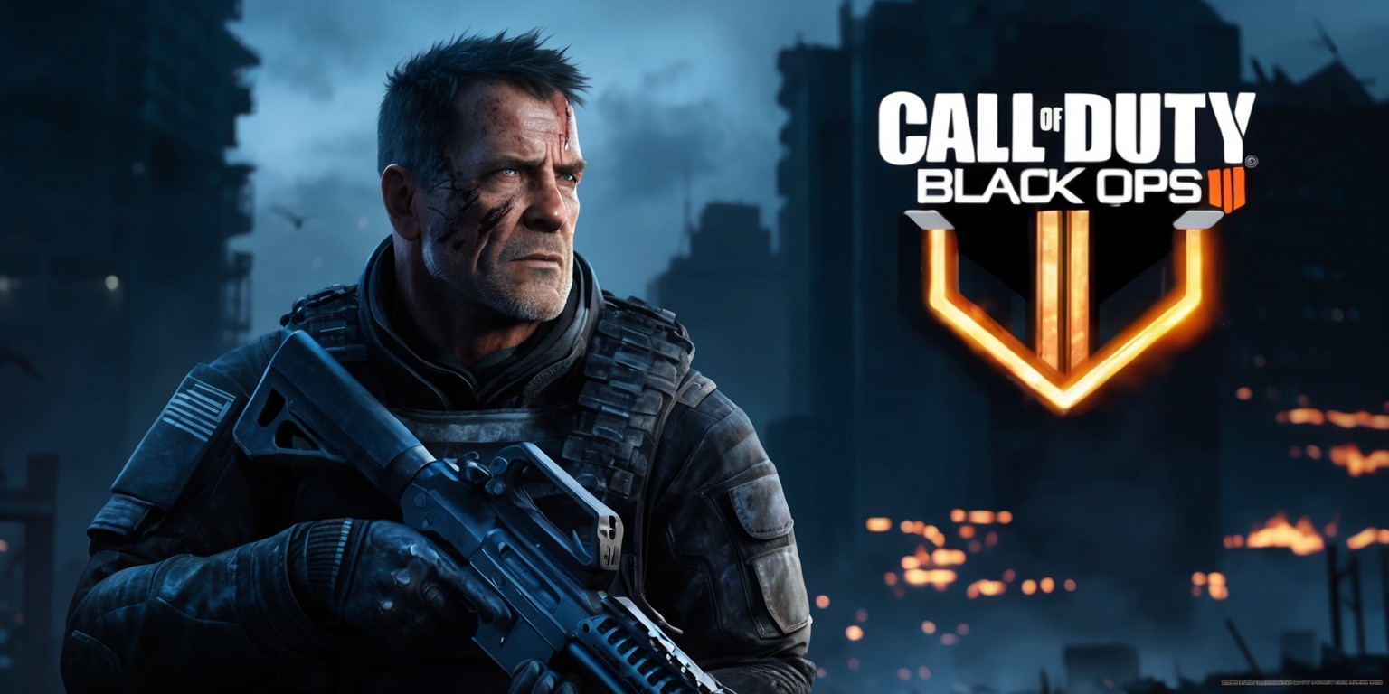 A gritty, high-octane key art for Call of Duty: Black Ops 6, set against a dark, ominous cityscape at dusk, with a worn, battle-scarred soldier, clad in black tactical gear, standing heroically in the foreground, gazing intensely into the distance, with a mixture of determination and urgency etched on his weathered, square-jawed face, his piercing blue eyes gleaming with a sense of purpose, a hint of weariness creasing the corners of his eyes, his skin bearing the scars of countless battles, surrounded by the eerie, pulsing glow of advanced military technology, with the franchise's iconic logo emblazoned boldly in metallic silver and black, featuring the Roman numeral 