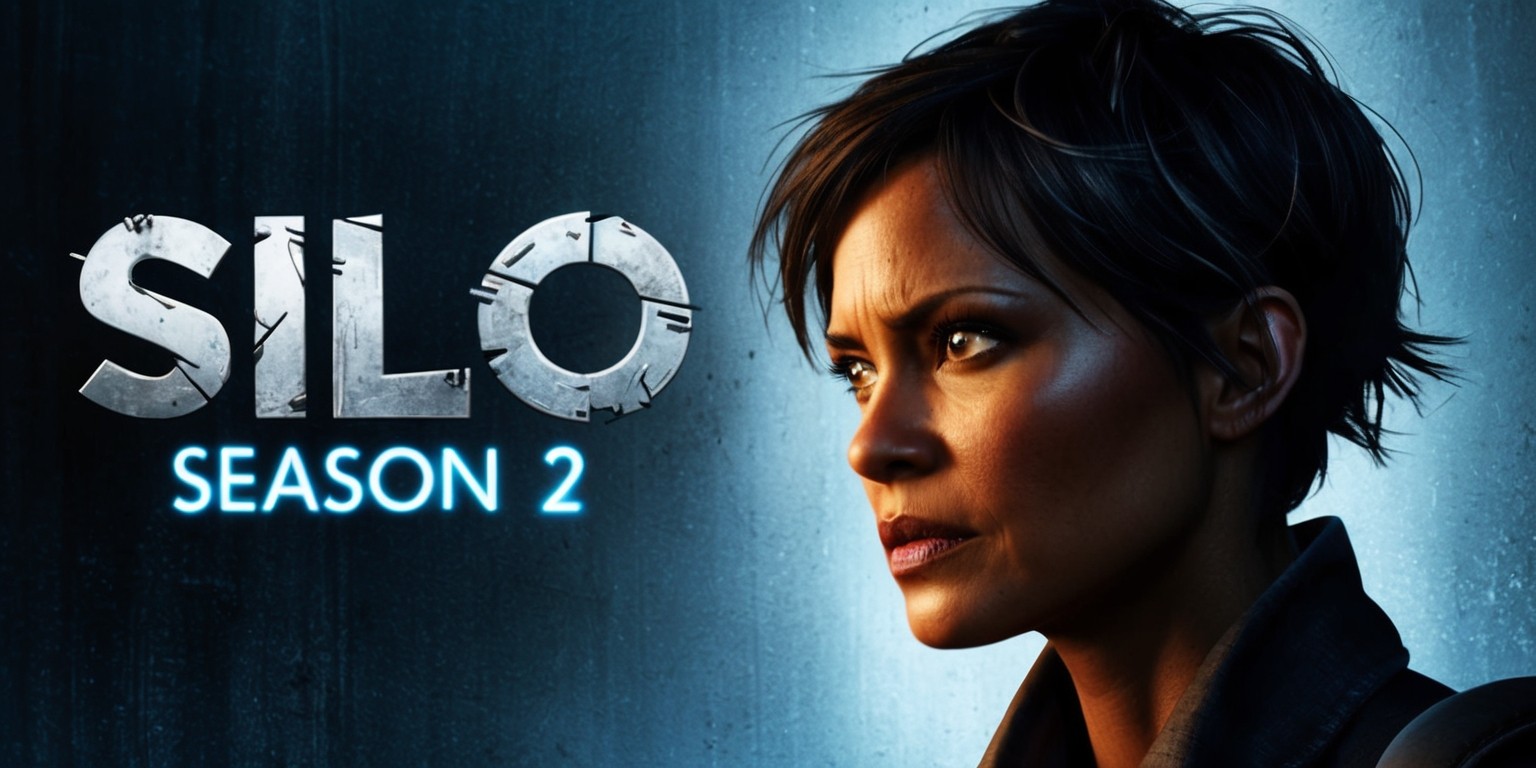 A moody, cinematic poster for Silo Season 2, set against a dark, gradient blue background, with a subtle, gritty texture reminiscent of concrete or metal. In the foreground, a haunting, close-up profile of Juliette, the protagonist, with determined eyes, high cheekbones, and a resolute expression, her skin a warm, golden brown. Her hair is short, dark, and tousled, with a few stray strands framing her face. The title Silo is emblazoned in bold, metallic silver letters, with a distressed, industrial font, while Season 2 is written in smaller, curved text above, in a bright, electric blue hue that echoes the colors of the silo's machinery. The overall mood is tense, foreboding, and introspective, with a sense of rebellion and survival simmering beneath the surface.