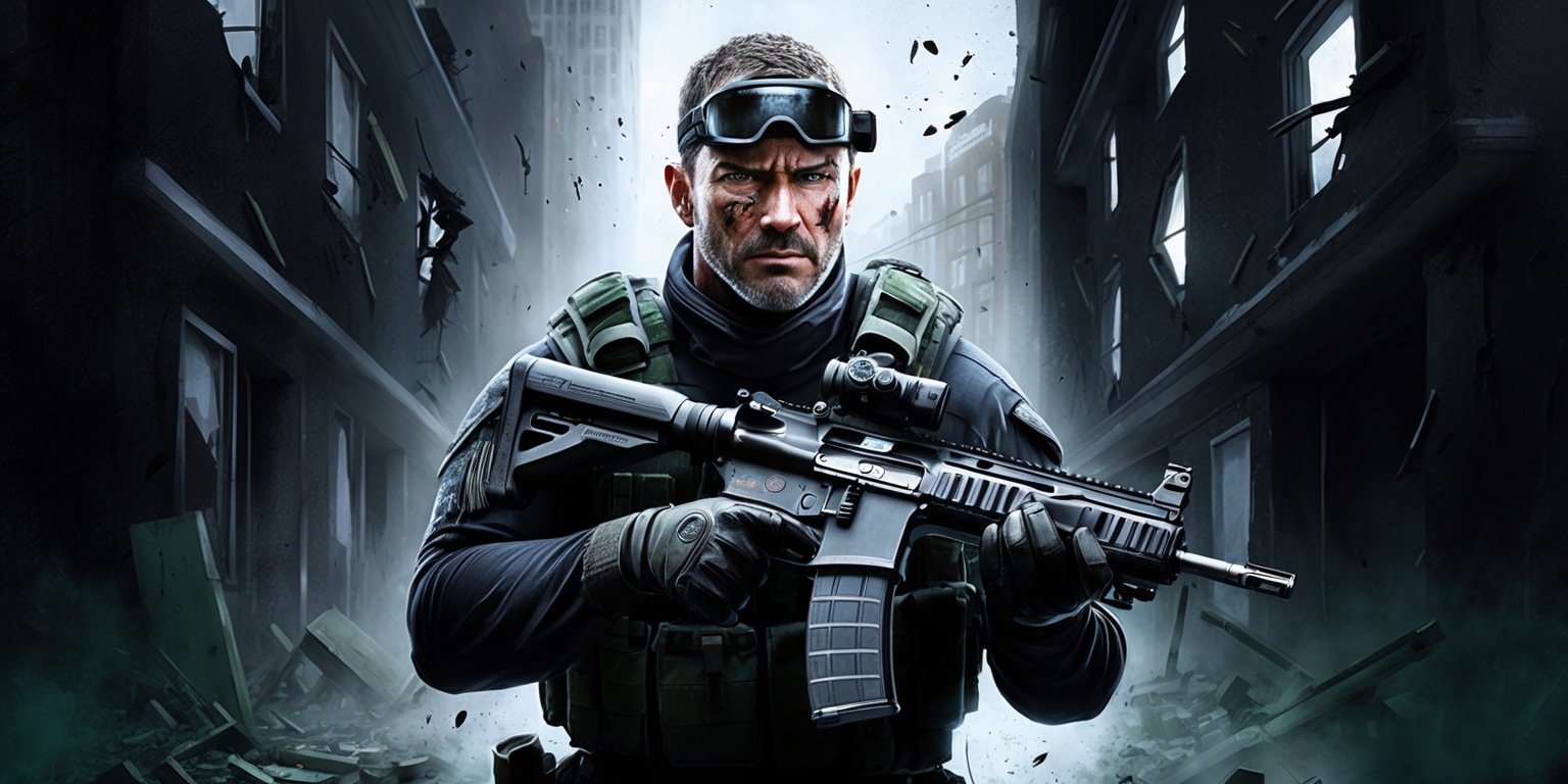 A dramatic digital painting of a Delta Force operative in the midst of a counter-terrorism mission, set against a dark and ominous urban backdrop with shattered windows and crumbling buildings, the operative wearing a tactical vest, night vision goggles, and a determined expression on their rugged, weathered face with a strong jawline and piercing eyes, carrying a sleek, high-tech assault rifle with a silencer and a scope, the overall mood and color palette dark and gritty with shades of black, gray, and dark green, the style reminiscent of a first-person shooter game with bold lines, sharp textures, and an emphasis on realism and intensity.