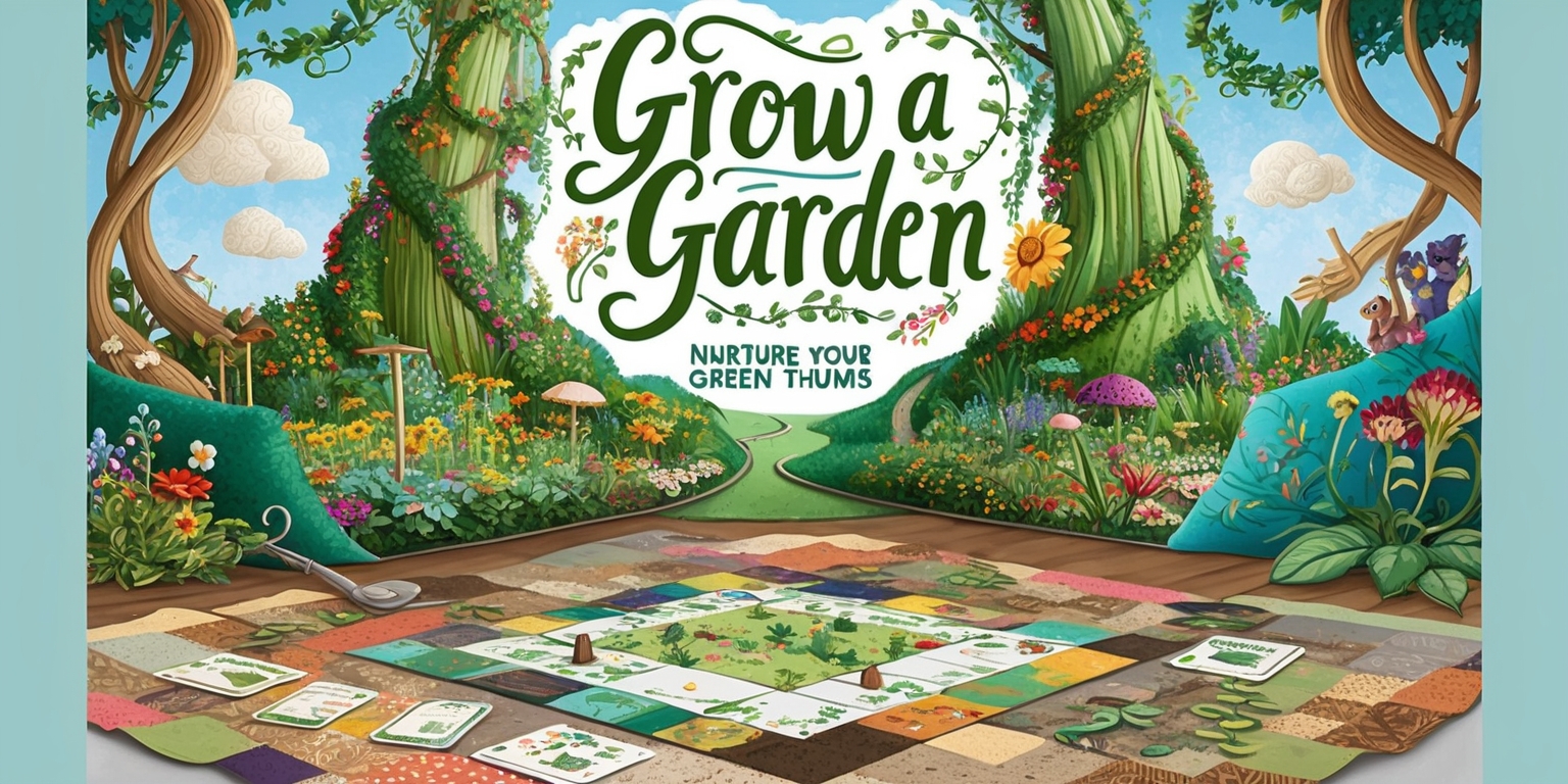A whimsical illustration of a fantastical garden, lush with vibrant flowers, towering trees, and winding vines, set against a soft blue sky with fluffy white clouds, serving as the backdrop for the Grow a Garden board game, where players sit cross-legged on a patchwork quilt, surrounded by gardening tools and seed packets, with game pieces and cards scattered about, featuring colorful, hand-drawn artwork with bold lines, playful textures, and intricate details, inviting players to cultivate their own virtual garden, with the game title Grow a Garden written in bold, curly script at the top, in a mix of earthy tones such as sage green, sandy beige, and sky blue, with the subtitle Nurture Your Green Thumb etched in smaller, yet elegant script below.