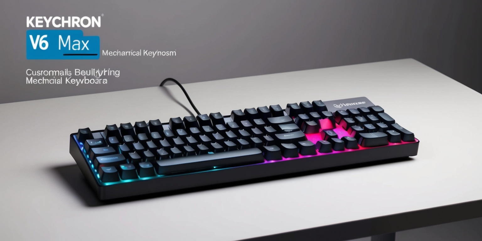 A high-quality, detailed image of the Keychron V6 Max mechanical keyboard, a full-sized keyboard with a sleek design, macro keys, and customizable backlighting, featuring a mix of bright and muted colors, with the keyboard placed on a minimalist desk or table, against a neutral background, showcasing the keyboard's layout, including the number pad, function keys, and macro keys, with the Keychron logo prominently displayed, in a style that highlights the keyboard's premium build and mechanical switches, with a focus on the keyboard's versatility and connectivity options, such as USB and Bluetooth.