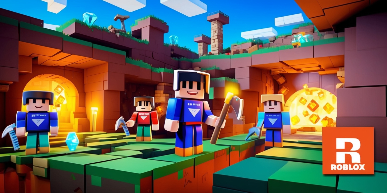 A colorful digital artwork depicting a scene from the popular online game Roblox, specifically showcasing an underground digging environment with blocky terrain and vibrant blue skies, featuring Roblox character models with distinctive angular faces and varied skin tones, possibly with pickaxes and other digging tools, set against a backdrop of excavated tunnels and caverns with glowing gems and treasures, illuminated by soft warm lighting, with a mix of earthy tones and bright colors, and the Roblox logo subtly integrated into the scenery, perhaps on a character's shirt or a sign in the background, with bold lines and textures reminiscent of the game's signature style.