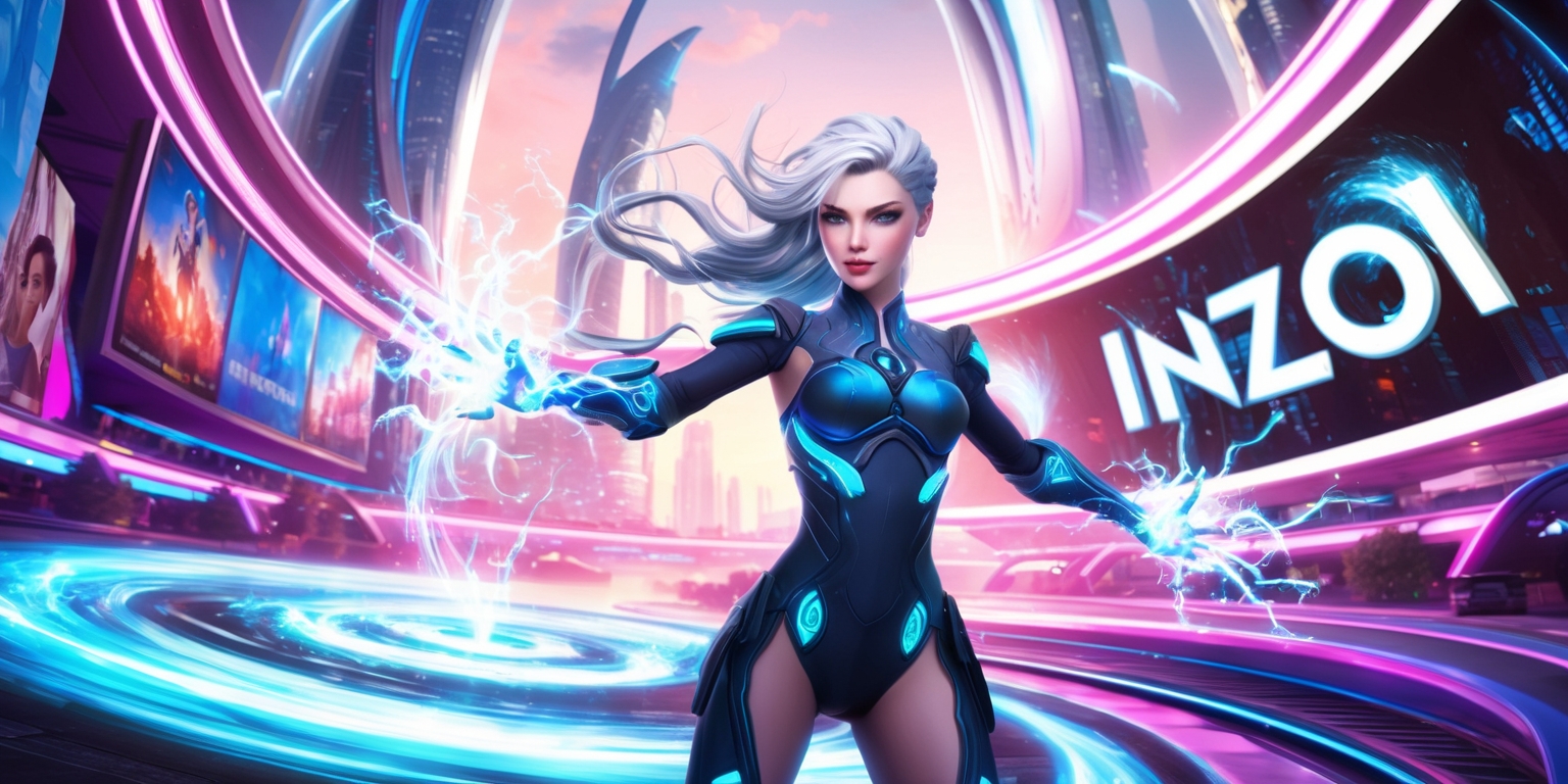 A vibrant, futuristic scene depicting the InZoi game: a stunning, ethereal female avatar with piercing blue eyes, porcelain skin, and flowing silver hair, stands confidently amidst a radiant, neon-lit cityscape filled with sleek, curved skyscrapers and holographic advertisements. She wears a striking, high-tech exosuit adorned with glowing, electric blue accents, her hands crackling with energy as she summons a brilliant, swirling vortex. The atmosphere is electric, with pulsing, laser-like beams and shimmering, iridescent mist swirling around her. In the background, a massive, curved screen displays the InZoi game logo in bold, metallic silver letters with a mesmerizing, pulsating glow.