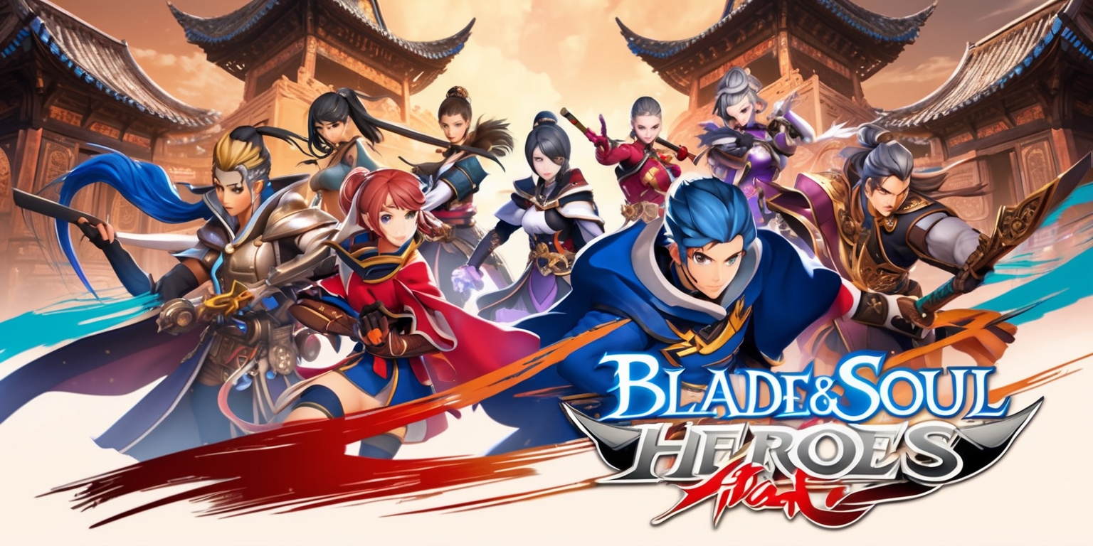 A vibrant and dynamic scene from the Blade & Soul Heroes game, featuring a diverse group of heroes with unique costumes and hairstyles, each with distinct facial features and skin colors, set against a stunning backdrop of ancient Asian-inspired architecture, with intricate details and textures, in a mix of warm and cool colors, and a layout that showcases the heroes' dynamic poses and movements, with bold lines and energetic brushstrokes, and a sense of movement and energy, with the game's logo prominently displayed in a modern, sleek font, in a bright, eye-catching color, with the heroes' names and titles written in a stylized, curved shape above each character, in a metallic silver color that shimmers and reflects the light.