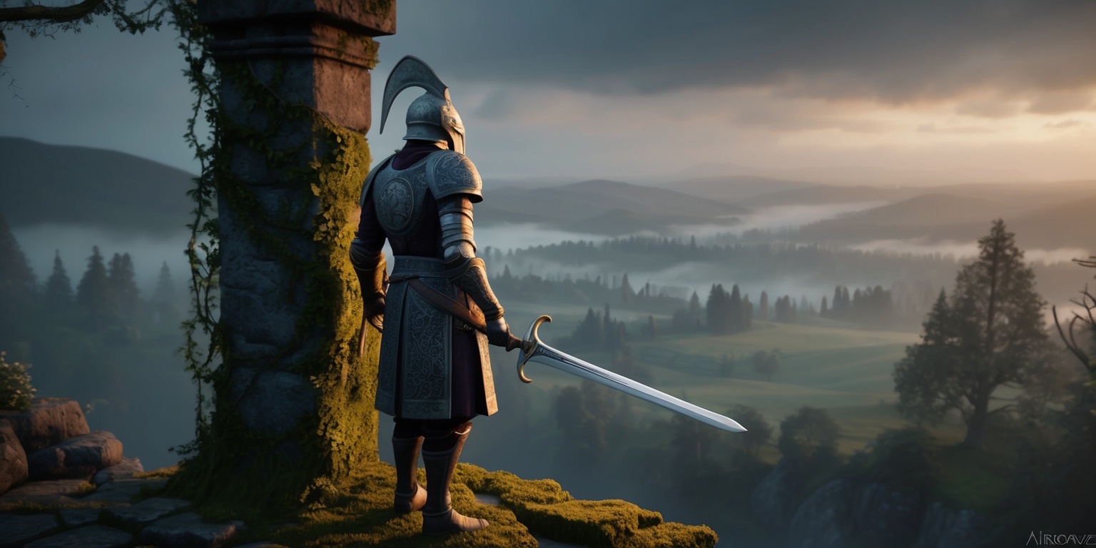 A dramatic scene from the Avowed game, set in a misty, atmospheric realm of medieval fantasy, with a focus on a lone, armored figure standing atop a rugged, moss-covered stone pedestal, gazing out upon a sweeping landscape of rolling hills and mystical forests, with subtle, golden lighting casting an air of mystique and anticipation, the figure's intricately detailed armor adorned with Celtic-inspired engravings, their face obscured by a helmet with a distinctive, curved fin, their hand grasping the hilt of a mighty sword, surrounded by an aura of ancient magic, with verdant foliage and twisted vines crawling up the pedestal, and hints of mysterious, arcane symbols etched into the stone surface, evoking a sense of wonder and epic adventure.