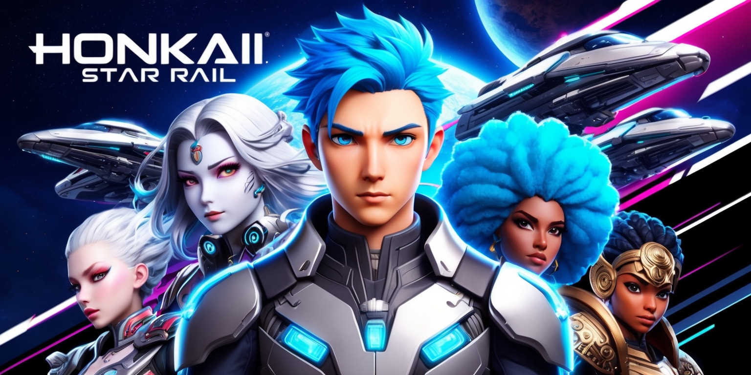 A vibrant, futuristic scene depicting the Honkai: Star Rail game, with sleek, metallic spaceships and celestial bodies set against a deep, starry night sky. The image features a diverse cast of characters, each with distinctive facial features, hairstyles, and attire, showcasing a mix of human and humanoid species. Gepard, the main protagonist, stands prominently in the center, with his bright blue hair and striking blue eyes, wearing a sleek, high-tech exosuit adorned with intricate mechanical details. The surrounding characters include Herta, with her porcelain skin and flowing silver locks, and Asta, sporting a vibrant, electric blue afro and ornate, ancient-inspired armor. The composition is dynamic, with bold lines, neon accents, and a sense of energy and movement, blending stylistic elements of sci-fi and anime. The Honkai: Star Rail logo, in a bold, futuristic font, is emblazoned across the top of the image, with sleek, metallic accents and a hint of cosmic glow.