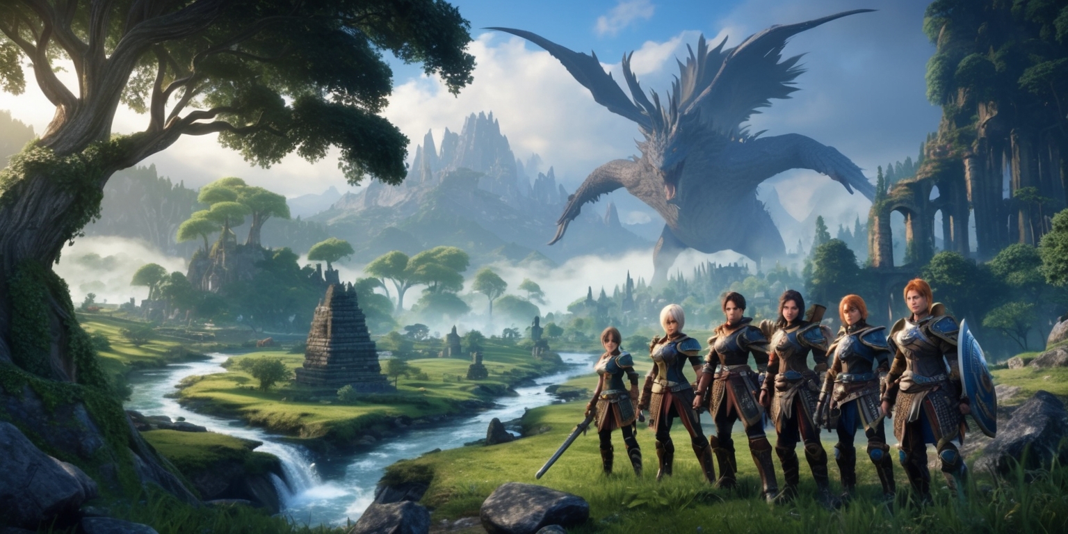 A sweeping landscape of the Monster Hunter Wilds game, set in a vibrant, fantastical world where ancient forests, misty mountains, and ruins of a long-lost civilization blend together in a mesmerizing tapestry. The atmosphere is alive with the promise of adventure, as towering trees stretch towards the sky, their canopies a deep green, and the terrain is marked by snaking rivers, waterfalls, and jagged rock formations. In the distance, the silhouette of a majestic monster rises, its wings outstretched, while a group of intrepid hunters, clad in intricately designed armor, stand at the ready, their faces set with determination, their skin tones ranging from pale to golden brown, with unique accessories and hairstyles that reflect their individuality. The color palette is rich and dynamic, with shades of emerald, sapphire, and amber, evoking a sense of wonder and discovery, as if the very fabric of the world is waiting to be unraveled.