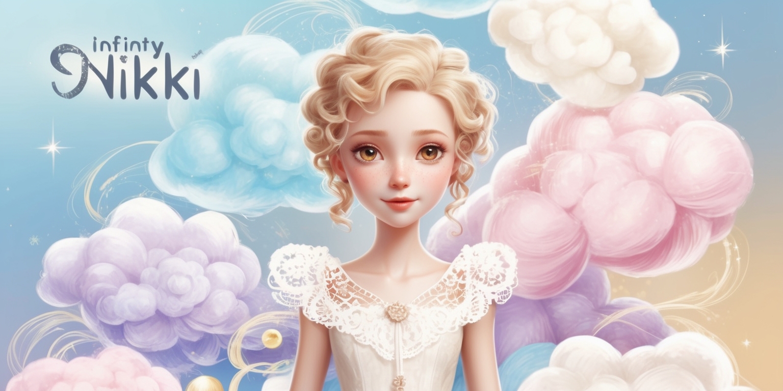 A dreamy, vibrant illustration of the Infinity Nikki game, with the protagonist Nikki standing in the center, surrounded by swirling clouds of pastel pink, baby blue, and creamy white, evoking a sense of whimsy and fantasy, her facial features soft and delicate, with piercing brown eyes and curly blonde hair, wearing a flowing white dress with intricate lace details, her skin a smooth, porcelain-like complexion, against a subtle gradient background of light blue and gold, with hand-drawn, storybook-style outlines and textures, and hints of magical sparks and glittering stars scattered throughout the scene, with the game's logo, a stylized, cursive N in shimmering silver, placed discreetly in the top-left corner, the overall atmosphere ethereal and enchanting.