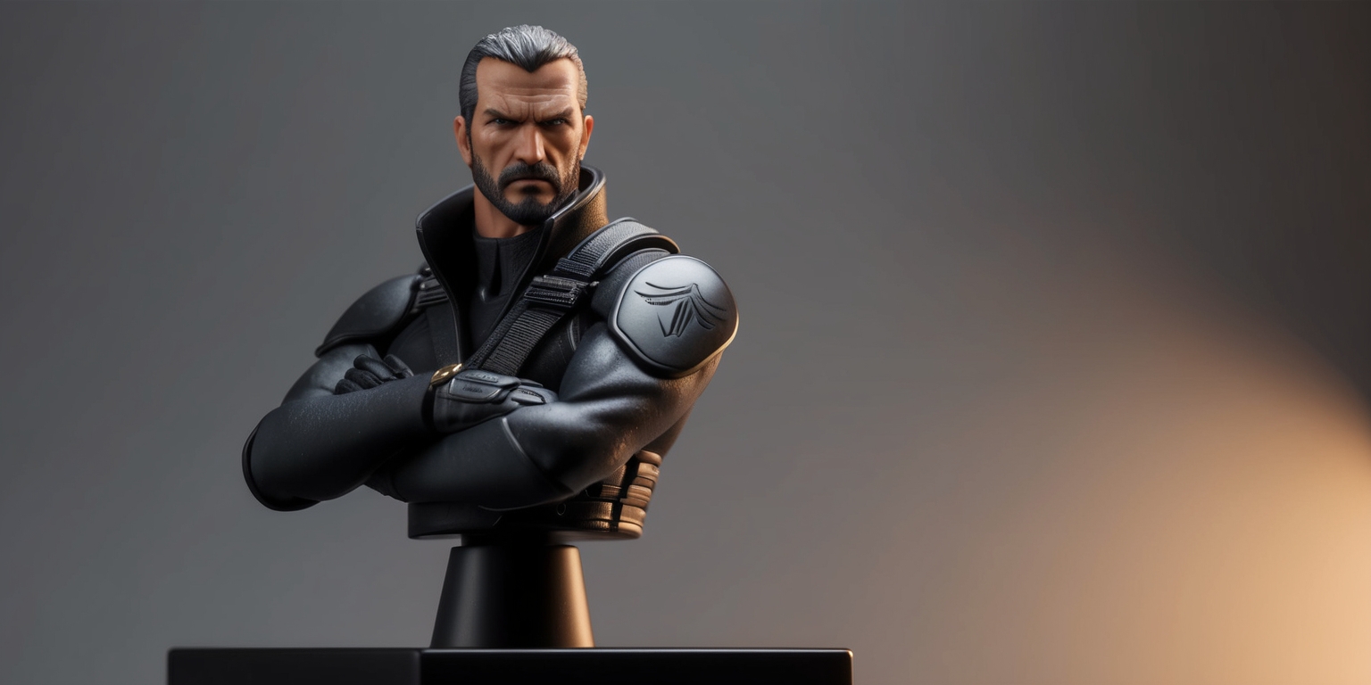 A highly detailed, realistic Amiibo figure of Solid Snake, the iconic protagonist from the Metal Gear series, standing proudly on a sleek, black base, with a subtle sheen to the plastic, capturing the character's rugged, battle-hardened features, including his piercing brown eyes, sharp jawline, and signature stealth suit, adorned with intricate textures and folds, with the iconic FOXHOUND emblem emblazoned on his arm, set against a neutral, dark gray background that allows the figure to take center stage, with subtle, warm lighting that accentuates the character's defining features, and a slight shadow beneath the base to give the impression of depth.