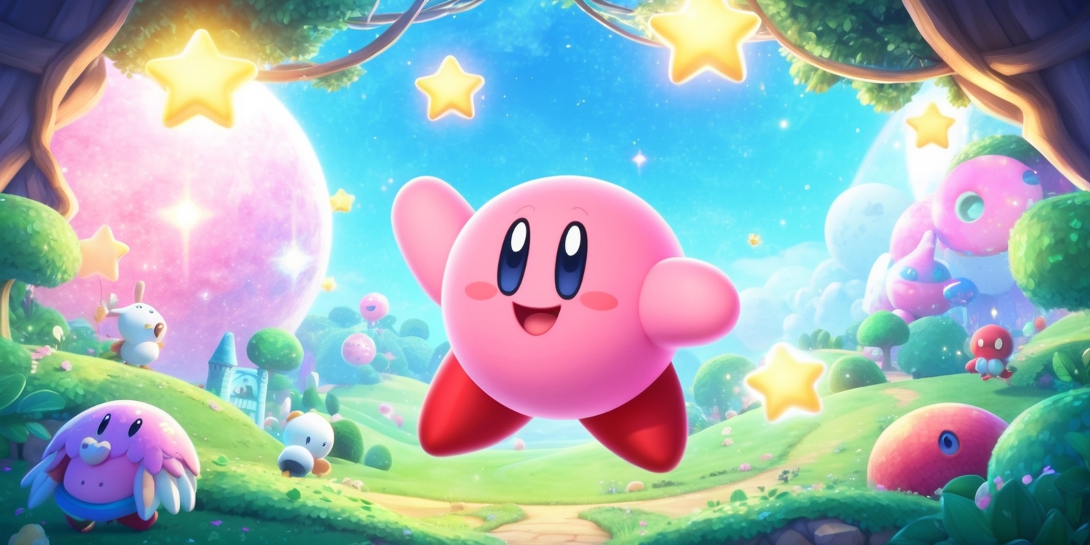 A vibrant and whimsical illustration of Kirby in a fantastical Star-Crossed World setting, inspired by the Kirby & The Forgotten Land game DLC, with pastel colors and soft textures, featuring Kirby as the main character with his iconic round body and cheerful facial expression, surrounded by lush greenery, glowing starlights, and mystical creatures, with subtle hints of a dreamy and adventurous atmosphere, and incorporating elements of exploration and discovery, with a beautiful and serene landscape that showcases the enchanting world of Kirby.