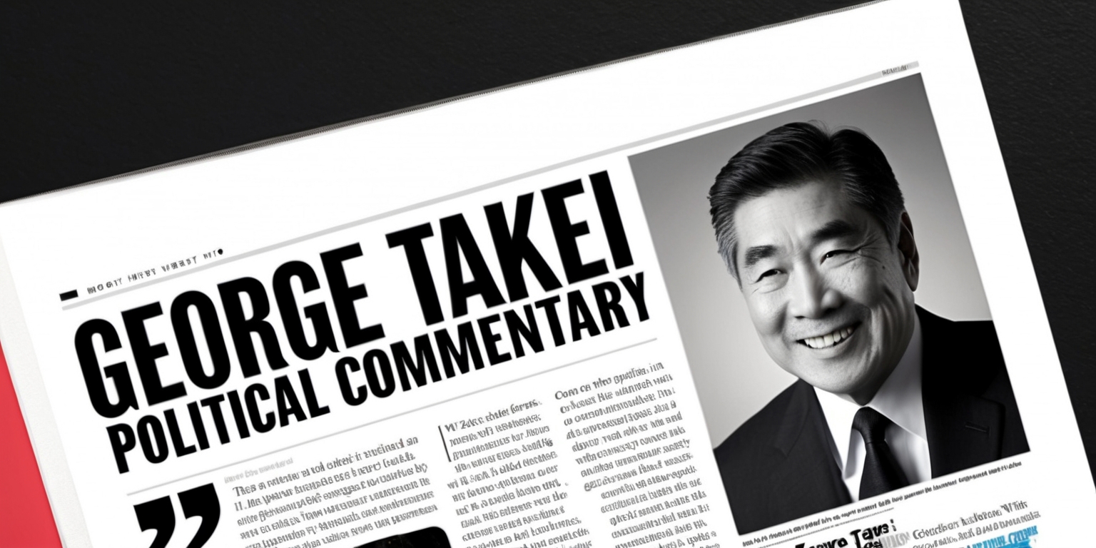 A screenshot of a newspaper or magazine article featuring George Takei's political commentary, with a bold,eye-catching headline in a modern sans-serif font, surrounded by a clean and minimalist layout, set against a crisp white background. George Takei's portrait, with his recognizable facial features, including his prominent nose and trademark smirk, sits atop the article, perhaps with a subtle gradient effect to make him stand out. The text is written in a clear, concise manner, with a touch of humor and satire, reflecting Takei's wit and charm. The overall aesthetic is professional, yet approachable, with a hint of playfulness, as if Takei is sharing a personal anecdote with the reader. The color scheme is primarily black and white, with hints of bold, patriotic colors such as red, blue, and gold, subtly woven throughout the design to evoke a sense of American politics and social justice.