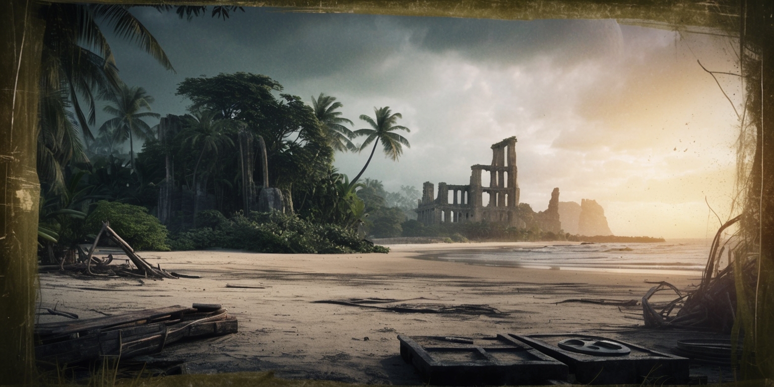 A mysterious and eerie island landscape inspired by the TV series Lost, with a deserted beach, dense jungle foliage, and ancient ruins in the background, illuminated by a warm, golden hour light, with a sense of foreboding and intrigue, featuring a mix of earthy tones such as olive green, beige, and weathered wood, with hints of mystical blue and purple hues, and a worn, vintage aesthetic, as if the image was extracted from an old, forgotten photograph, with subtle texture and grain, and a cinematic, widescreen format, with a shallow depth of field, focusing on the central mysterious entity or artifact, surrounded by scattered wreckage, abandoned equipment, and cryptic symbols etched into the stone or sand.