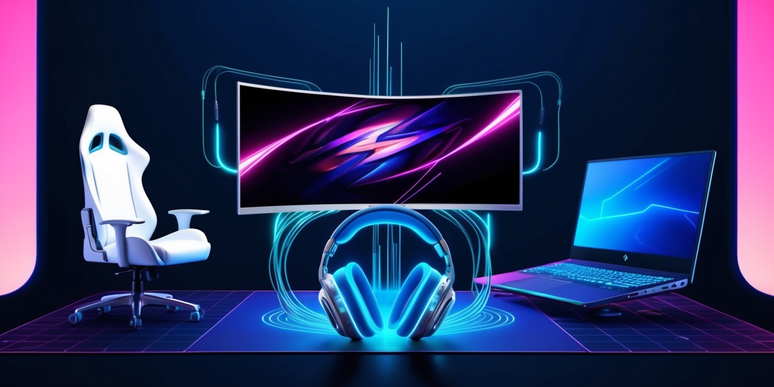 A futuristic illustration depicting a next-generation gaming ecosystem, set against a dark blue background with neon accents, featuring a large, curved gaming monitor at its center, displaying a vibrant, high-definition game scene with sleek, modern graphics, surrounded by a sleek, minimalist gaming chair, a cutting-edge gaming console, and a high-performance gaming laptop with glowing, blue-lit keyboards, all connected by a web of fiber-optic cables and pulsing, ethereal energy lines, with subtle, gradient-like lighting effects that evoke a sense of advanced technology and innovation, and in the foreground, a pair of futuristic, high-tech gaming headphones with metallic accents and glowing, blue ear cushions, resting on a modern, futuristic desk with a subtle, grid-like pattern.